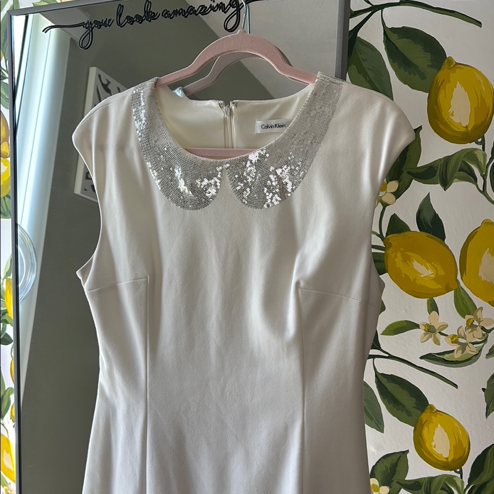 Calvin Klein Ivory Dress with Glittering Silver Collar